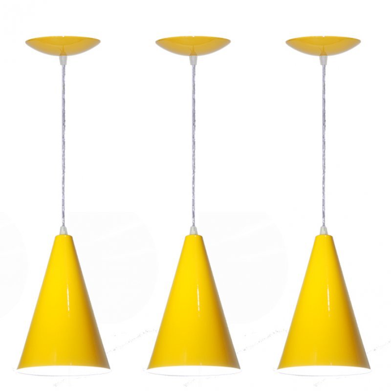 Kit 03 Luminárias Pendente Cone em Alumínio Cor Amarelo MadeiraMadeira