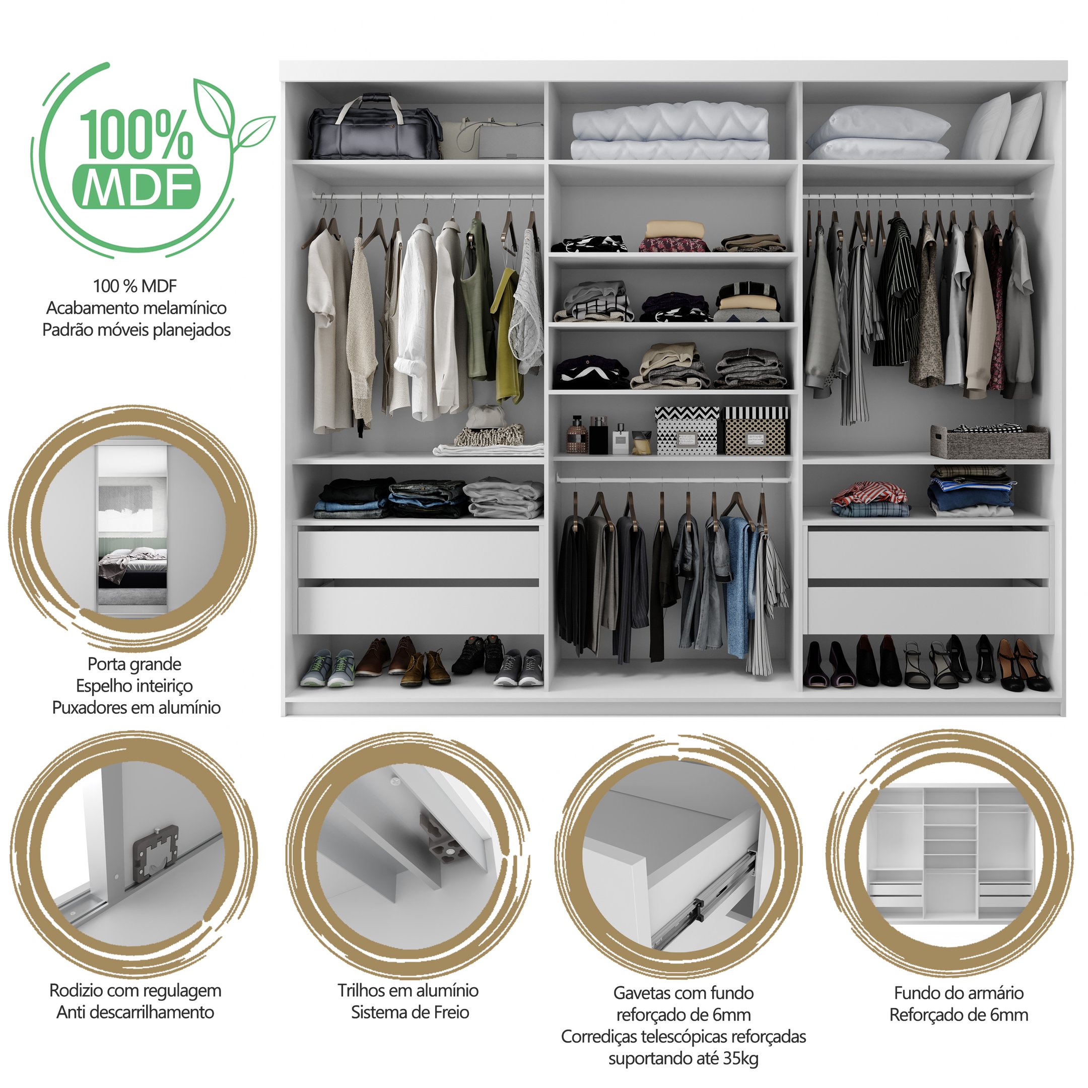 Guarda Roupa Casal com Espelho 3 Portas 100% MDF BP Altdorf - 2