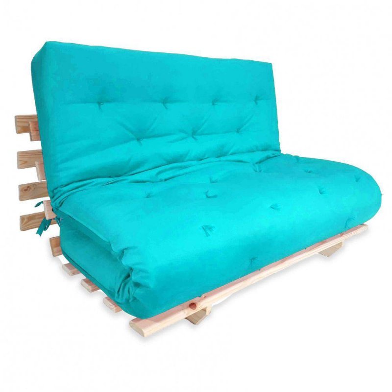 Sofa Cama Casal Futon Oriental Azul Turquesa Com Madeira Maciça